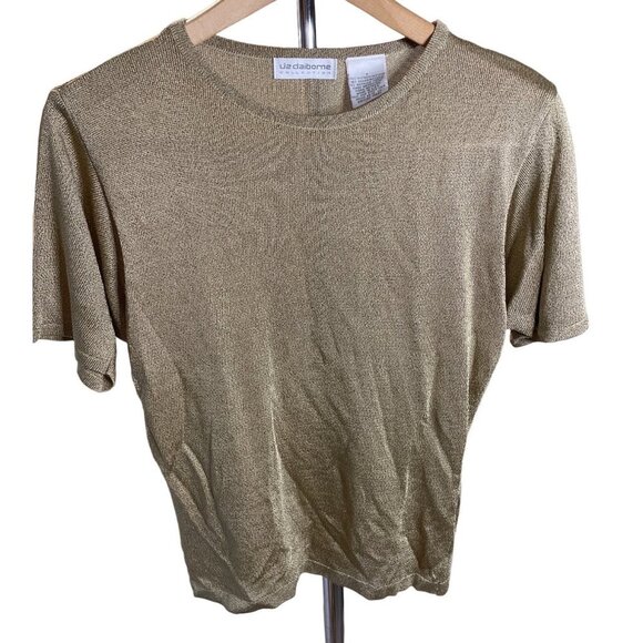 Vintage 90s Liz Claiborne Gold Metallic Crew Neck Short Sleeved Knit Top Sz S - Picture 1 of 8